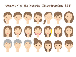 女性のいろいろなヘアスタイルのイラストセット