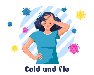 A woman with the flu, surrounded by germs and viruses. Flu, colds, viral diseases. Vector illustration in cartoon style, isolated on a white background