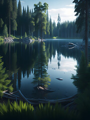 a river running in the forest surrounded by green trees, generative AI
