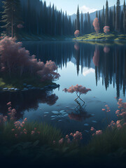 a river running in the forest surrounded by green trees, generative AI
