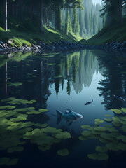 a river running in the forest surrounded by green trees, generative AI
