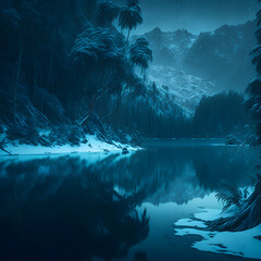 a river running in the forest surrounded by green trees, generative AI
