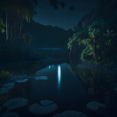 a river running in the forest surrounded by green trees, generative AI
