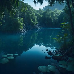 a river running in the forest surrounded by green trees, generative AI
