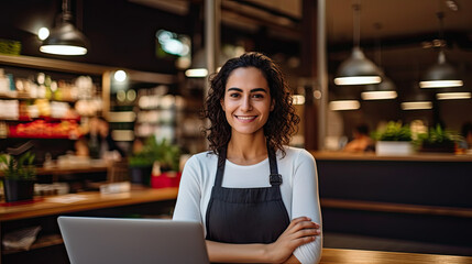 Happy female store owner at cafe or grocery with arms crossed, portrait happy woman with a laptop at supermarket, retail business startup, Generative AI