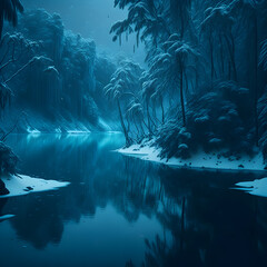 a river running in the forest surrounded by green trees, generative AI
