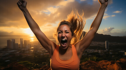 Fototapeta na wymiar Triumphant Sportswoman Raising Arms Atop a Mountain