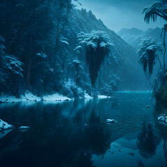 a river running in the forest surrounded by green trees, generative AI
