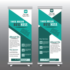  Business Roll Up template, pull up design, Standee Design. Banner Template. Presentation and Brochure Flyer. Template vertical pull up banner with green and blue color, Vector illustration, geometri