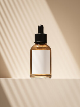 3d brown serum bottle with white label on product display podium. 3d realistic illustration. 3d mock up.