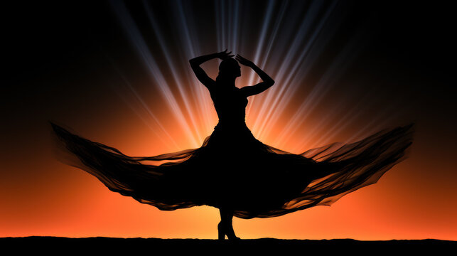 Silhouette of a Woman Dancer in Long Dress on Stage, Backlit for Dramatic Effect