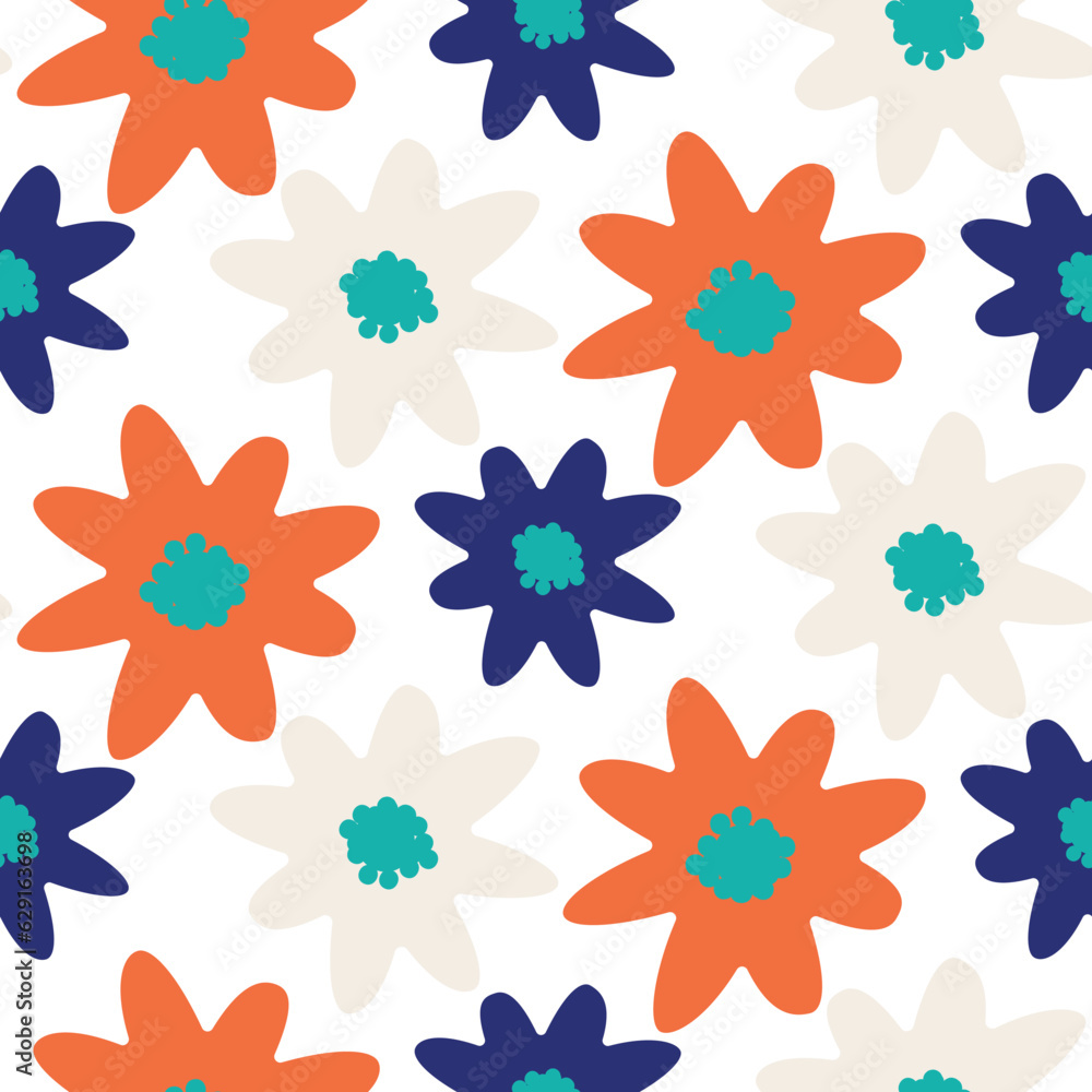 Wall mural Bold red and blue flowers on white spring abstract seamless pattern.