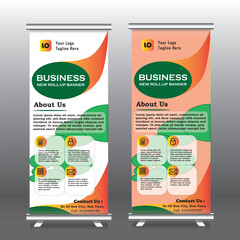 Roll up vertical banner stand template. Abstract background concept for business, education, presentation, advertisement. Editable vector illustration. Pink and green color. pull up