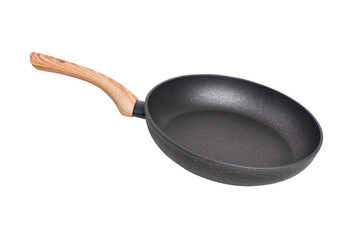 frying pan on a white background with a wooden handle - obrazy, fototapety, plakaty