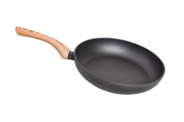 frying pan on a white background with a wooden handle