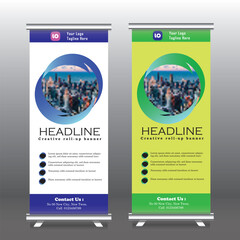 roll up brochure flyer banner design template vector, abstract background, modern x-banner, geomatric.  Template vertical roll up banner with blue, yellow and green color, pull up banner, 
