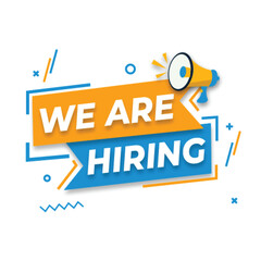 Hiring recruitment open vacancy design info label template. We are hiring join to team announcement lettering in speech bubble chat box vector illustration isolated on yellow background