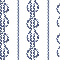 Marine rope knot seamless pattern. Yacht theme navy on white illustration with white rope ornament and nautical knots. For fabric, wallpaper, wrapping.