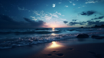 Fototapeta premium Beach at night with a full moon, deep blue ocean, white waves, and wet sand.