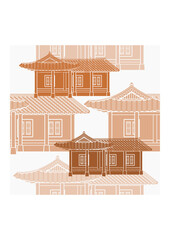 Editable Monochrome Traditional Hanok Korean House Building Vector Illustration as Seamless Pattern for Creating Background and Decorative Element of Oriental History and Culture Related Design