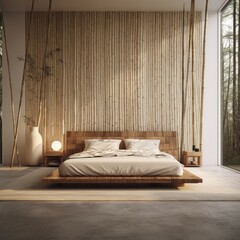 minimalistic king size bed with a bamboo headboard - created using generative AI tools