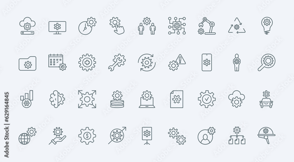 Poster Gears, operations of repair and maintenance system line icons set vector illustration. Outline cogwheels of mechanism and wrench, pictograms of control and update data, technical modification