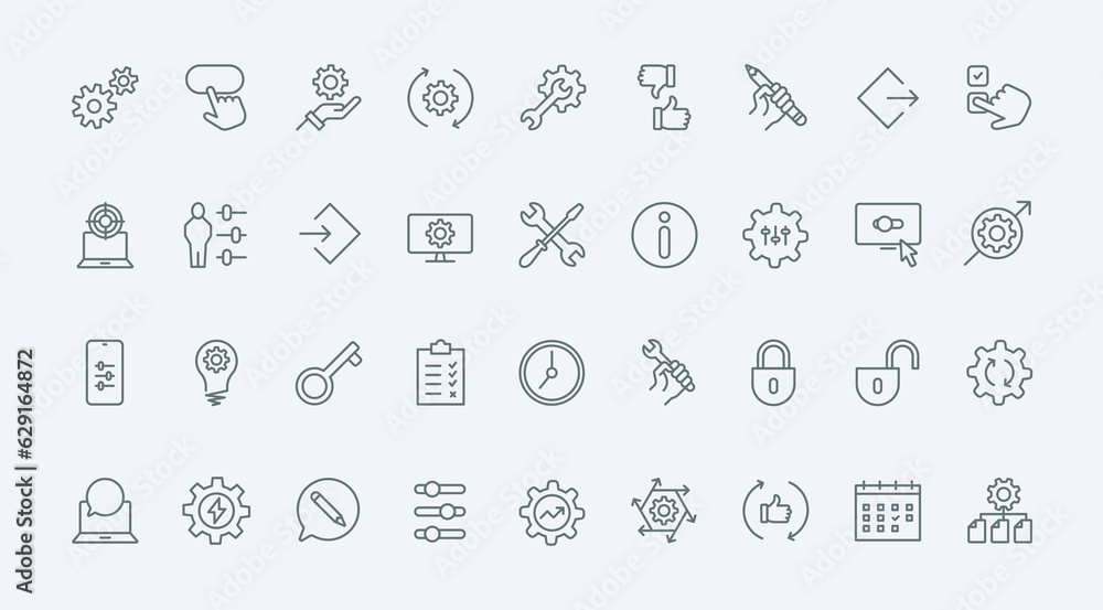 Poster Control and management of system productivity line icons set vector illustration. Outline gears and cogwheels of machine engine, repair and maintenance service tools for modification and setup