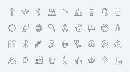 Christian religion thin black line icons set vector illustration. Outline catholic and baptism church and holy Bible, first communion and worship symbols, Christmas and Easter religious celebration
