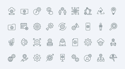 Gears, operations of repair and maintenance system line icons set vector illustration. Outline cogwheels of mechanism and wrench, pictograms of control and update data, technical modification