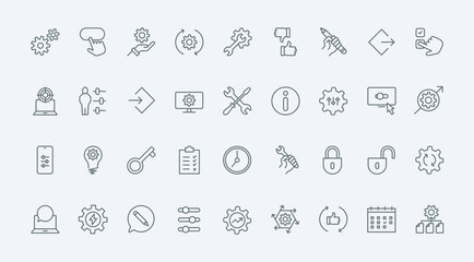Control and management of system productivity line icons set vector illustration. Outline gears and cogwheels of machine engine, repair and maintenance service tools for modification and setup - obrazy, fototapety, plakaty
