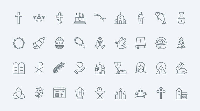 Christian religion thin black line icons set vector illustration. Outline catholic and baptism church and holy Bible, first communion and worship symbols, Christmas and Easter religious celebration
