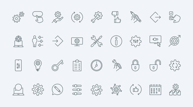 Control and management of system productivity line icons set vector illustration. Outline gears and cogwheels of machine engine, repair and maintenance service tools for modification and setup