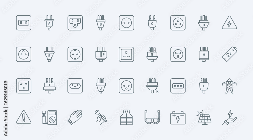 Poster electric power socket types thin line icons set vector illustration. outline symbols collection of w