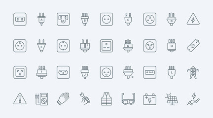 Electric power socket types thin line icons set vector illustration. Outline symbols collection of world standards for outlets of different country, safety gear, equipment of electrician and battery
