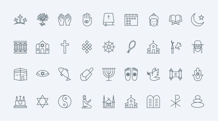 World religions thin black line icons set vector illustration. Outline symbols, holy books and temples of Buddhism and Christianity, Islam and Judaism, religious pictograms collection for praying