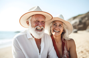 old couple on the beach. old couple enjoy vacation in beach side. 