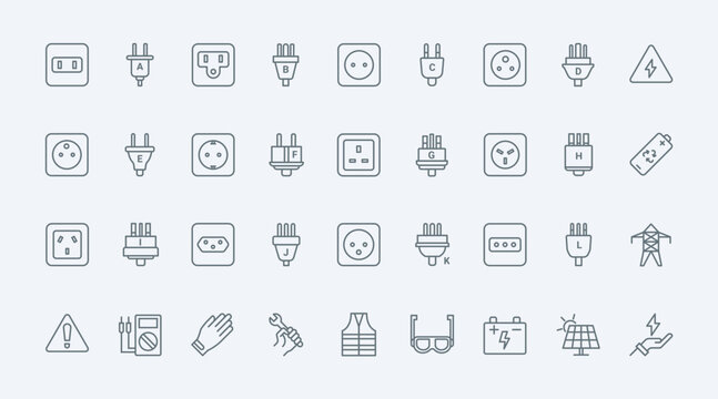 Electric power socket types thin line icons set vector illustration. Outline symbols collection of world standards for outlets of different country, safety gear, equipment of electrician and battery