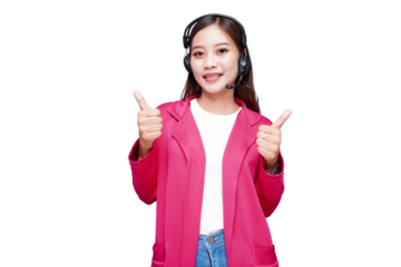 Beautiful asian female customer service representative smiling and giving thumb up gesture