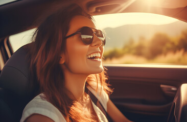 woman driving car with smile face a beautiful women driving a car with happy 