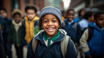 Happy African American school boy with his classmates. Young pupil smiling at the camera with his classmates in the background. Education Concept. Generative AI. 