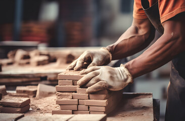 worker with bricks wearing  glove