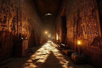 Ancient hieroglyphs on the wall in a gallery of an egyptian building