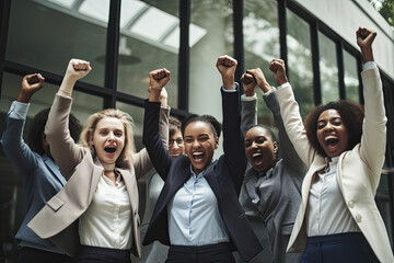 Obraz premium Group of excited diversity coworkers with raised hands celebrate business success