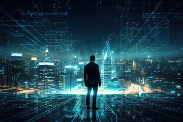 Alone confident business man standing in holographic metaverse near office windows and looking at city view with glowing business wireless network lines concept