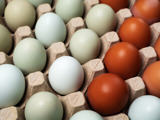 Colorful chicken eggs in cartons tray. Selective focus.