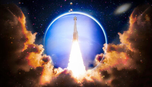Dark space shuttle launch in the clouds with stars on background.Spaceship flight. Elements of this image furnished by NASA