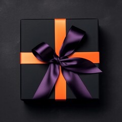 Top view at black gift box with ornge and purple ribbons, created with generative AI