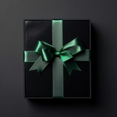 Top view at black gift box with green ribbon