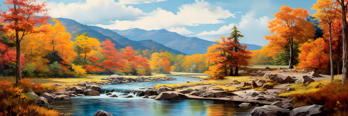 Naklejka premium autumnal panoramic landscape, featuring a tranquil river winding through a forested valley, with colorful trees reflecting in the water. Generative Ai