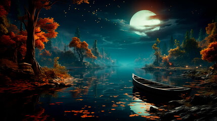 eerie moonlit lake with a ghostly figure floating on its surface and a haunted boat dock in the distance. Generative Ai